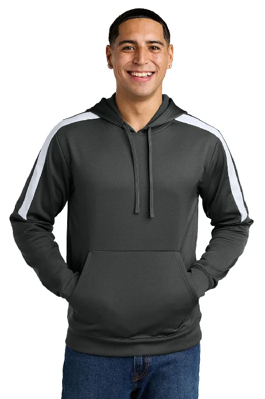 Men's relaxed fit sports hoodie-Sport-Tek Mens Sport-Wick Moisture Wicking United Fleece Hooded Sweatshirt Hoodie w/ Pouch Pocket - Iron Grey/White - New