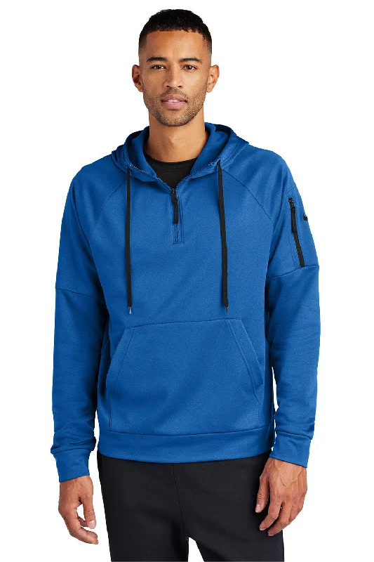 Men's pre-washed gym hoodie-Nike Mens Therma-Fit Fleece 1/4 Zip Hooded Sweatshirt Hoodie w/ Pouch Pocket - Game Royal Blue - New