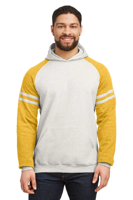 Men's naturally cooling hoodie-Jerzees Mens NuBlend Fleece Varsity Colorblock Hooded Sweatshirt Hoodie w/ Pouch Pocket - Heather Oatmeal/Mustard Yellow