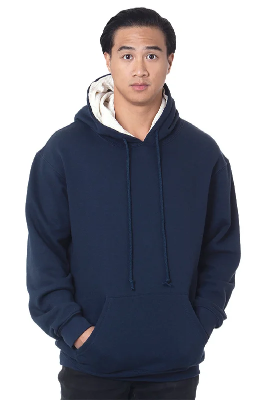 Men's sporty activewear hoodie-Bayside Mens Thermal Lined Hooded Sweatshirt Hoodie w/ Pouch Pocket - Navy Blue