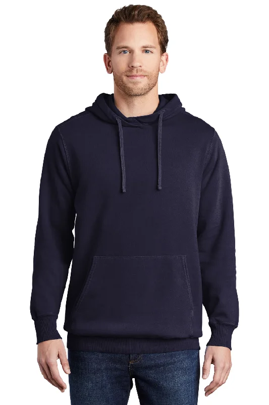 Men's sporty casual hoodie-Port & Company Mens Beach Wash Fleece Hooded Sweatshirt Hoodie w/ Pouch Pocket - True Navy Blue