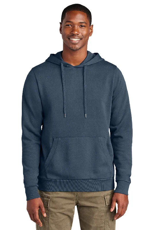 Men's ultra-light performance hoodie-District Mens District Wash Fleece Hooded Sweatshirt Hoodie w/ Pouch Pocket - True Navy Blue - New