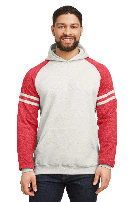 Men's modern casual hoodie-Jerzees Mens NuBlend Fleece Varsity Colorblock Hooded Sweatshirt Hoodie w/ Pouch Pocket - Heather Oatmeal/Red