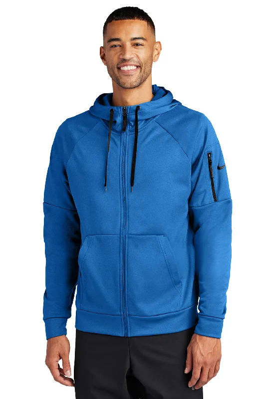 Men's gym performance pullover hoodie-Nike Mens Therma-Fit Fleece Full Zip Hooded Sweatshirt Hoodie w/ Pockets - Game Royal Blue - New