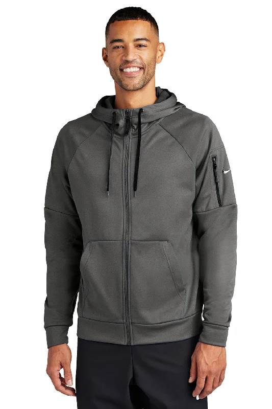 Men's lightweight casual hoodie-Nike Mens Therma-Fit Fleece Full Zip Hooded Sweatshirt Hoodie w/ Pockets - Anthracite Grey - New