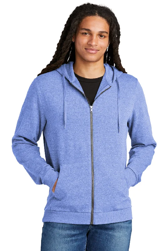 Men's lightweight performance hoodie-District Mens Perfect Tri Fleece Full Zip Hooded Sweatshirt Hoodie w/ Pockets - Royal Blue Frost