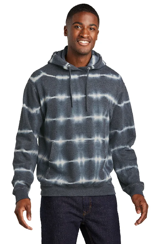 Men's wrinkle-free gym hoodie-Port & Company Mens Allover Stripe Tie-Dye Fleece Hooded Sweatshirt Hoodie w/ Pouch Pocket - Graphite Grey/Light Grey - New