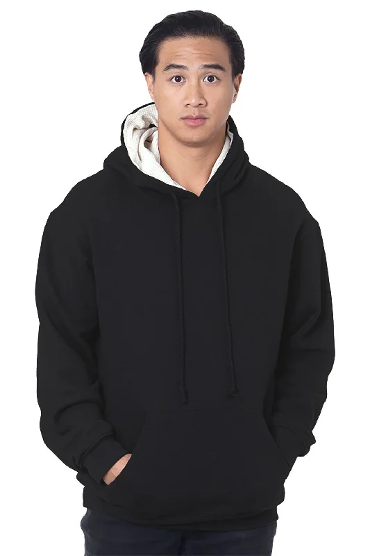 Men's ultra-light performance hoodie-Bayside Mens Thermal Lined Hooded Sweatshirt Hoodie w/ Pouch Pocket - Black