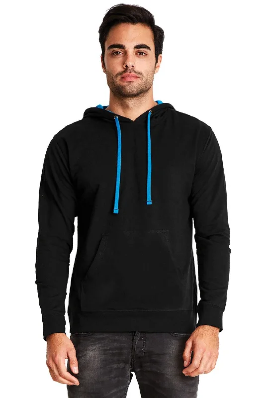 Men's pre-washed running hoodie-Next Level Mens French Terry Fleece Hooded Sweatshirt Hoodie w/ Pouch Pocket - Black/Turquoise Blue