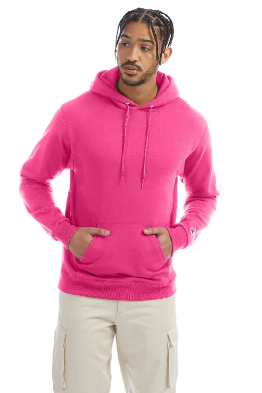 Men's performance zip-up hoodie-Champion Mens Double Dry Eco Moisture Wicking Fleece Hooded Sweatshirt Hoodie w/ Pouch Pocket - Wow Pink