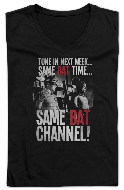 Men's sustainable fashion t-shirt-Ladies Same Bat Time Same Bat Channel Batman V-Neck Shirt