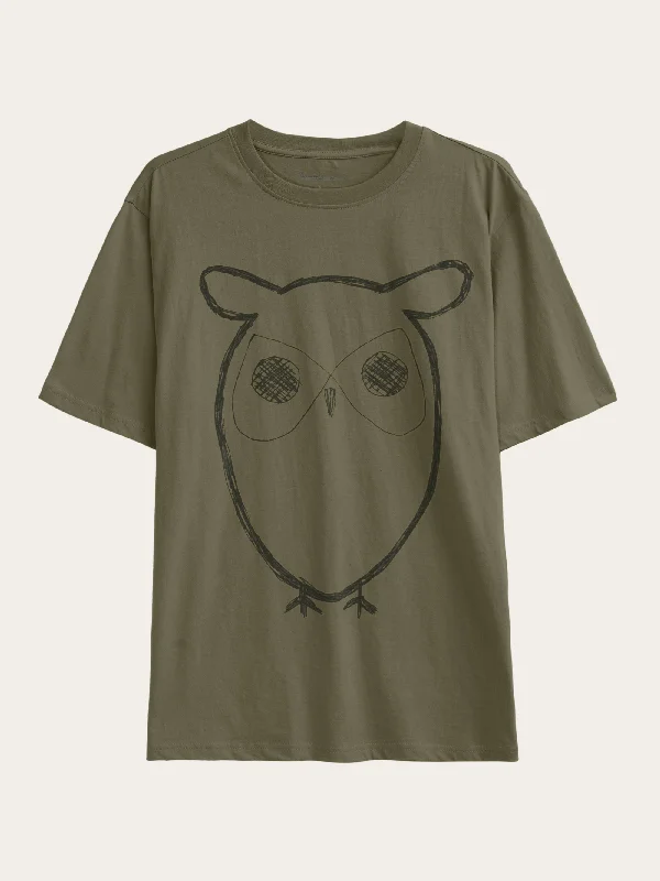 Men's workout fit t-shirt-Regular big owl front print t-shirt - GOTS - Burned Olive