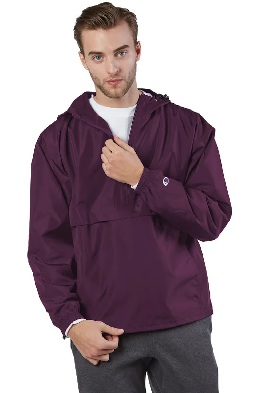 Men's summer lightweight jacket-Champion Mens Packable Wind & Water Resistant Anorak 1/4 Zip Hooded Jacket - Maroon