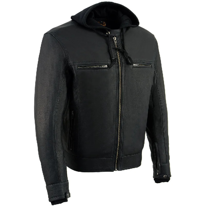 Men's versatile bomber jacket-Milwaukee Leather MLM1552 Men's Black Leather ‘Utility Pocket’ Vented Scooter Style Motorcycle Jacket w/ Hoodie