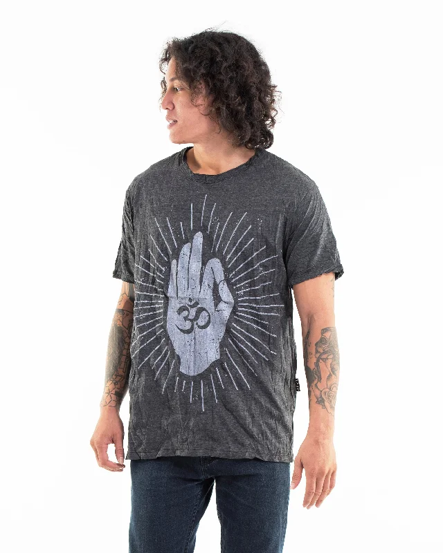 Men's relaxed weekend t-shirt-Mens Hand of Om T-Shirt in Silver on Black