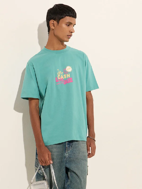 Men's geometric print t-shirt-Nuon Teal Text Design Relaxed-Fit Cotton T-Shirt