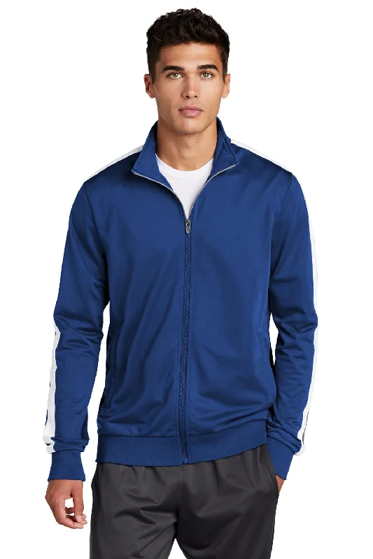 Men's tech-fabric travel jacket-Sport-Tek Mens Full Zip Track Jacket - True Royal Blue/White