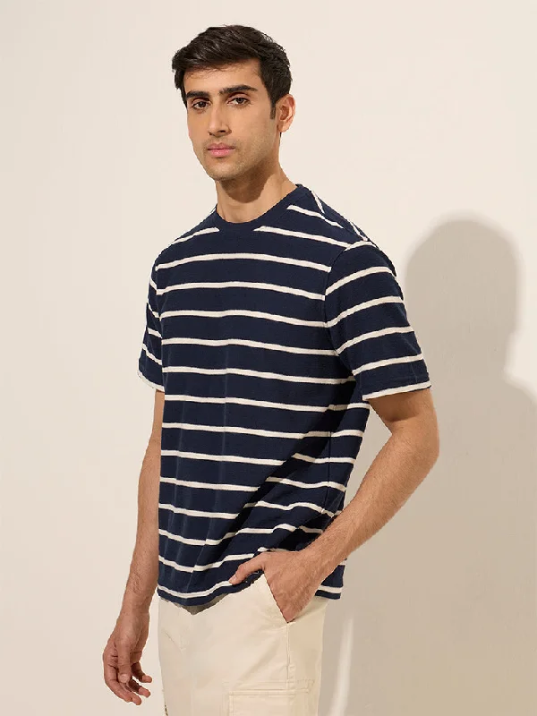 Men's antibacterial t-shirt-WES Casuals Navy Striped Design Relaxed-Fit Cotton T-Shirt