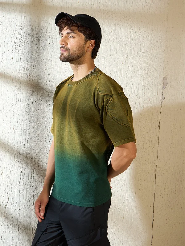 Men's versatile casual t-shirt-Khaki Ombre Padded Shoulder Oversized Tshirt