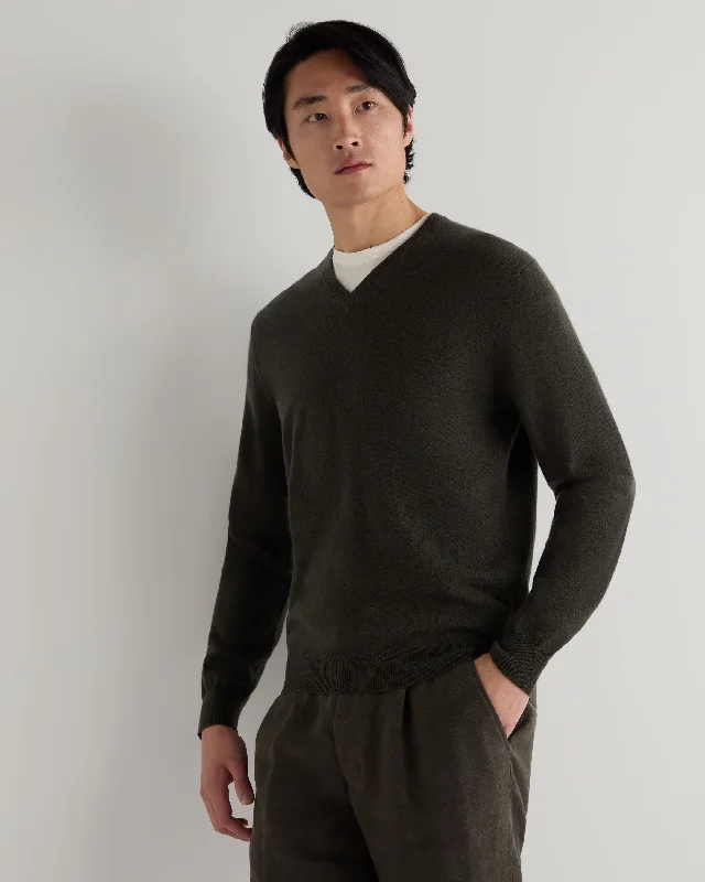 Men's weekend sweater-Men's Burlington V Neck Cashmere Sweater Arabica Khaki Green