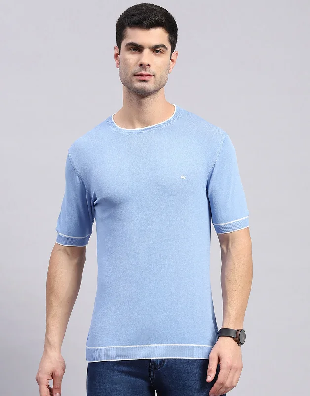 Men's summer casual t-shirt-Men Blue Solid Round Neck Half Sleeve T-Shirt