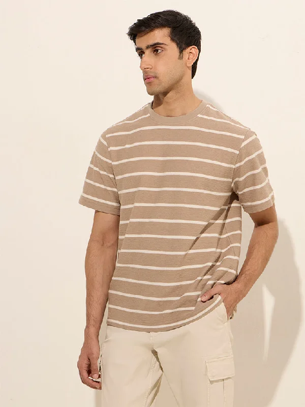 Men's classic casual t-shirt-WES Casuals Beige Striped Relaxed-Fit Cotton T-Shirt