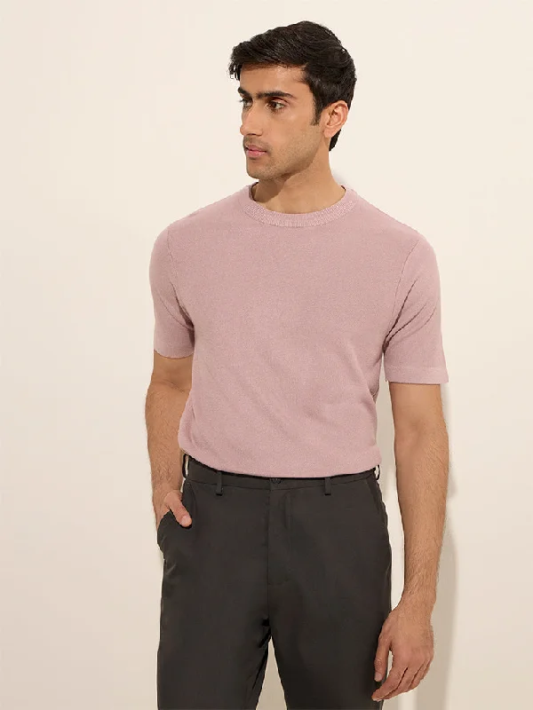 Men's pre-washed t-shirt-WES Formals Dusty Pink Knit-Textured Slim-Fit T-Shirt