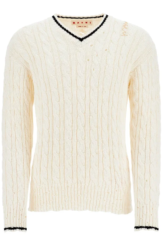 Men's thermal sweater-Marni Men's Cotton Sweater With Cable Knit V-Neck