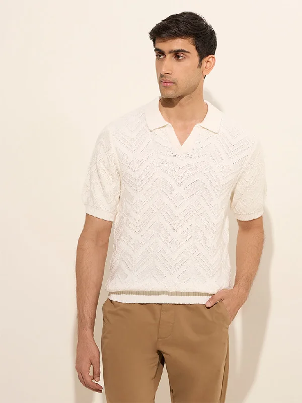 Men's bold stripe t-shirt-Ascot Off-White Chevron-Textured Relaxed-Fit Cotton-Blend T-Shirt