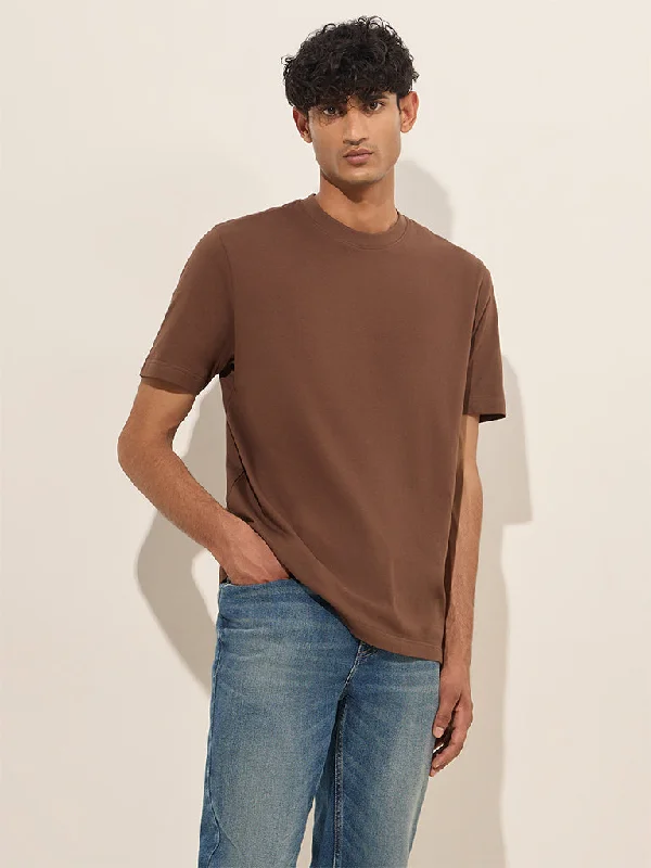 Men's workout fit t-shirt-WES Casuals Brown Solid Slim-Fit Cotton T-Shirt