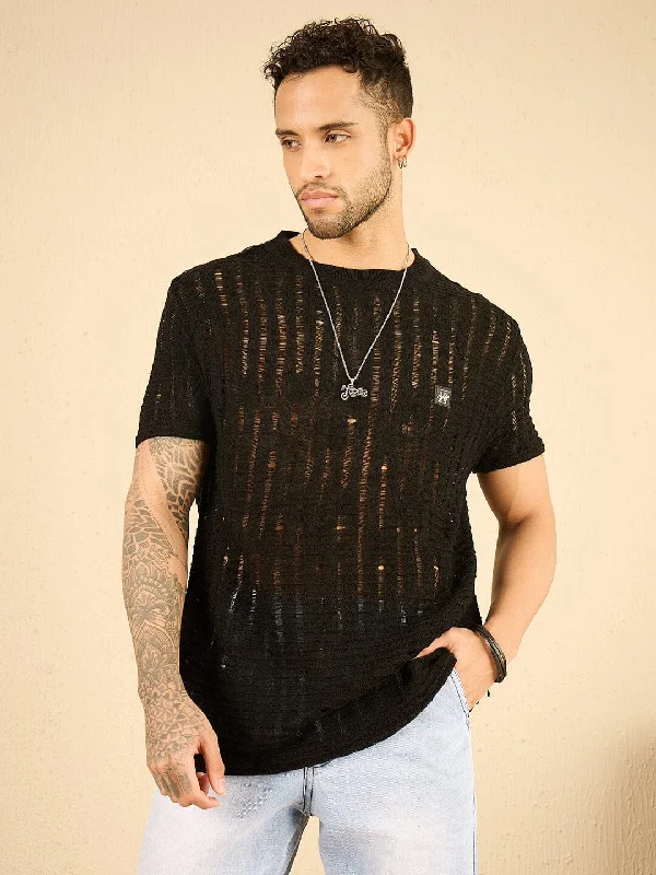 Men's sporty casual t-shirt-Black See Through Knitted Tshirt