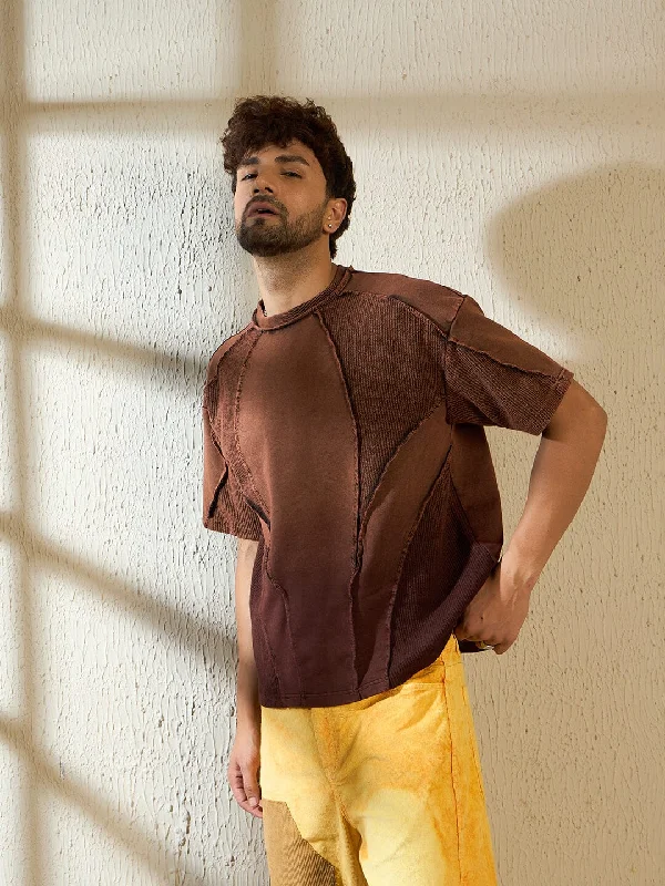 Men's summer casual t-shirt-Brown Ombre Cut & Sew Oversized Tshirt