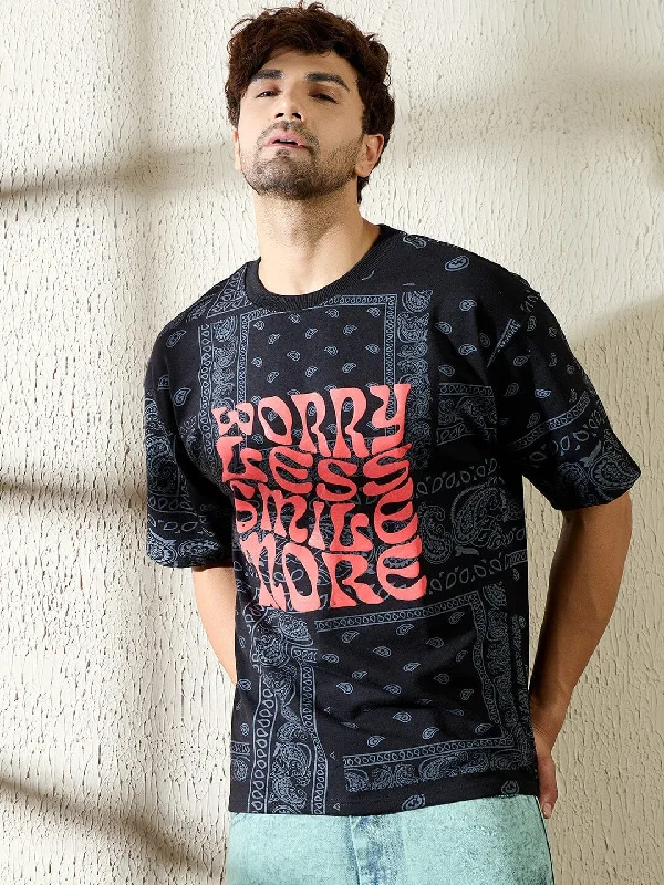 Men's geometric print t-shirt-Black Paisley Oversized Tshirt