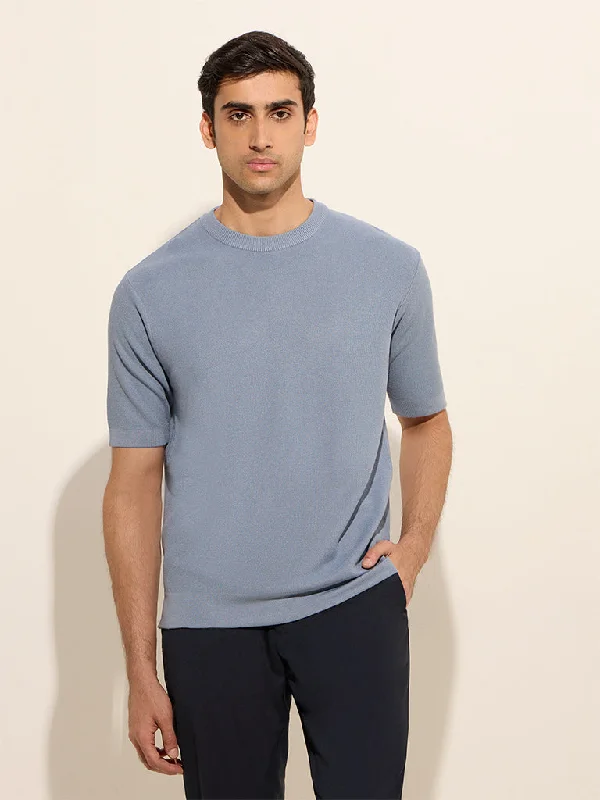 Men's beachwear t-shirt-WES Formals Dusty Blue Knit-Textured Slim-Fit T-Shirt