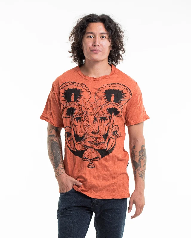 Men's artistic print t-shirt-Mens Spiritual Shroom Cat T-Shirt in Orange