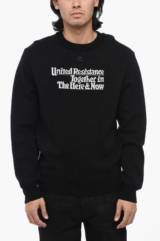 Men's full-zip sweater-Courreges Solid Color Crew-neck Sweater with Contrasting Embroidery