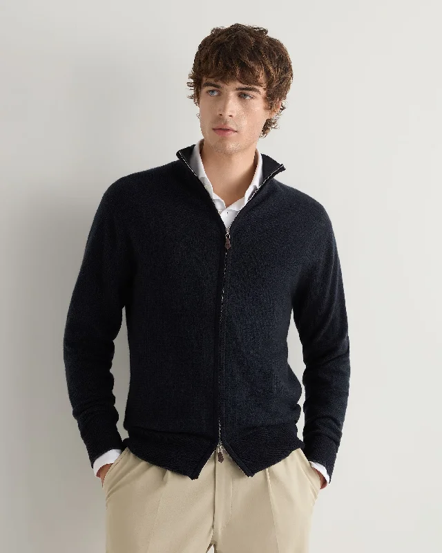 Men's angora sweater-Men's Knightsbridge Birdseye Full Zip Cashmere Sweater Navy Blue