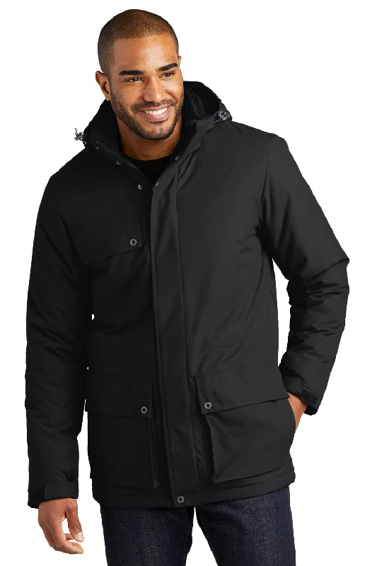 Men's sporty golf jacket-Port Authority Mens Excursion Water Resistant Full Zip Hooded Parka - Deep Black