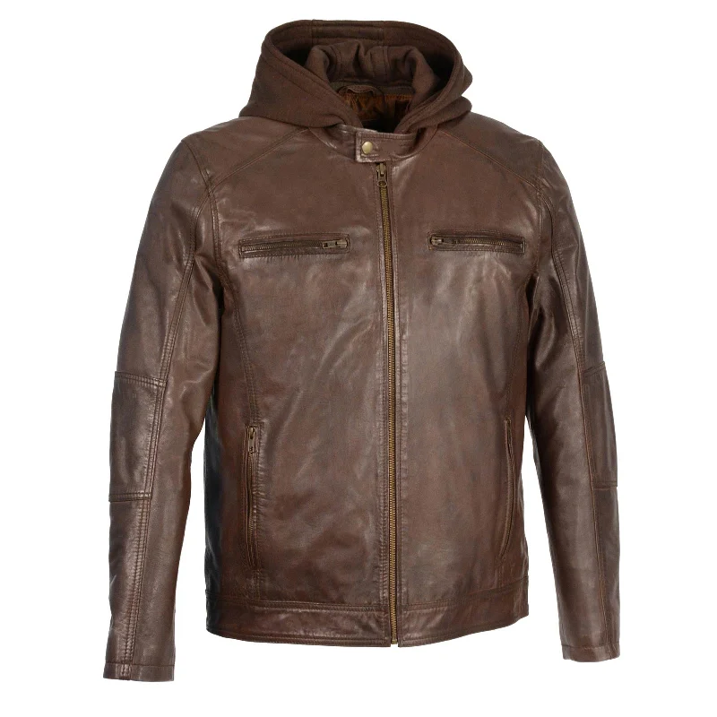 Men's eco-conscious camping jacket-Milwaukee Leather SFM1850 Men's Broken Brown Snap Collar Motorcycle Style Fashion Casual Leather Jacket with Removable Hoodie