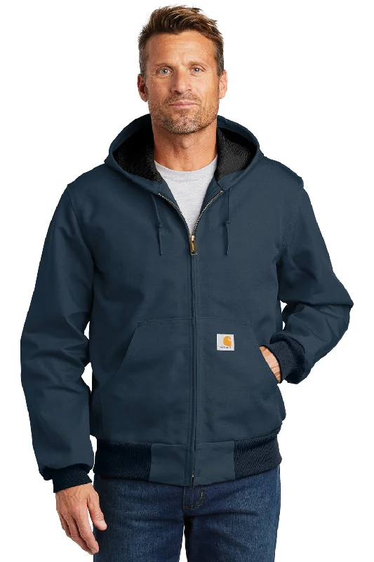 Men's pre-washed wool coat-Carhartt Mens Wind & Water Resistant Duck Cloth Full Zip Hooded Work Jacket - Navy Blue