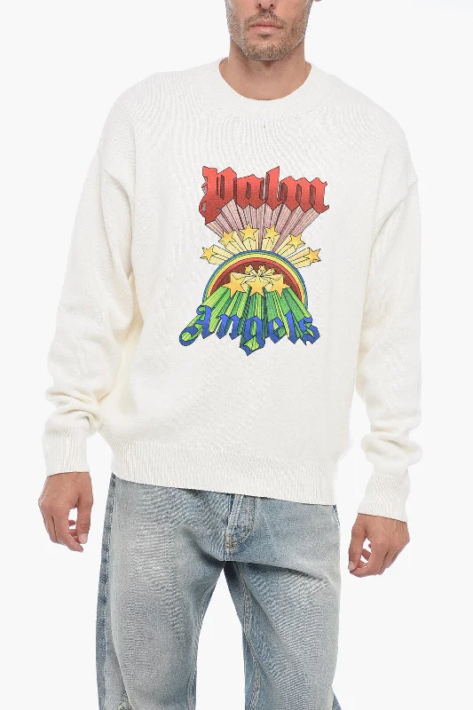 Men's sustainable sweatshirt-Palm Angels Wool Blend Printed RAINBOW Crewneck Pullover