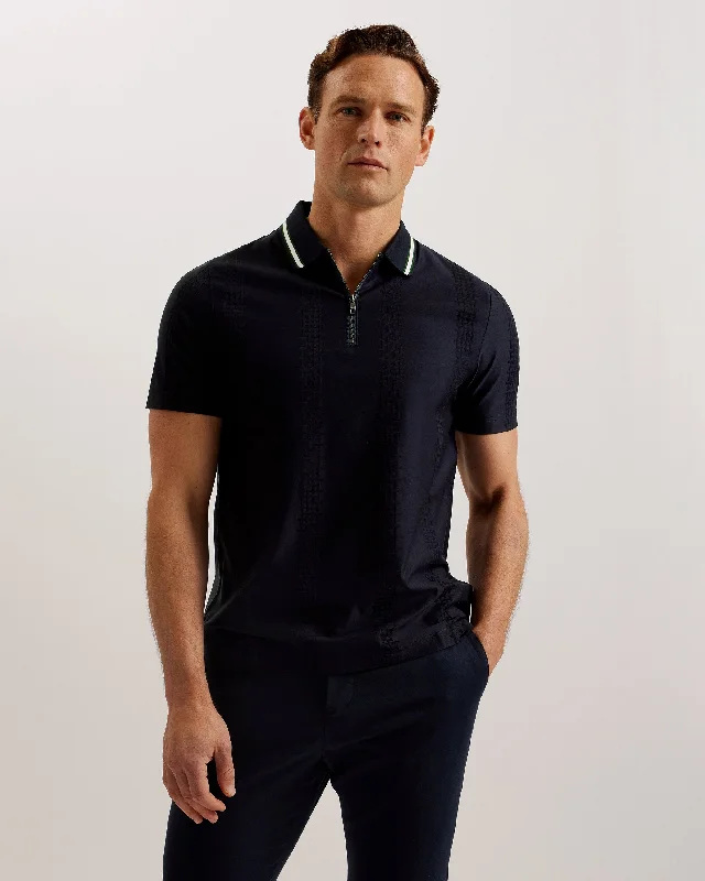 Men's relaxed fit gym polo shirt-Orbite Slim Fit Jacquard Zip Polo Shirt Navy