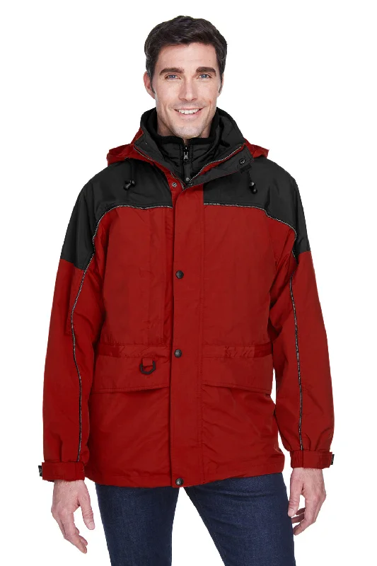 Men's modern streetwear jacket-North End Mens 3-in-1 Water Resistant Full Zip Hooded Jacket - Molten Red/Black