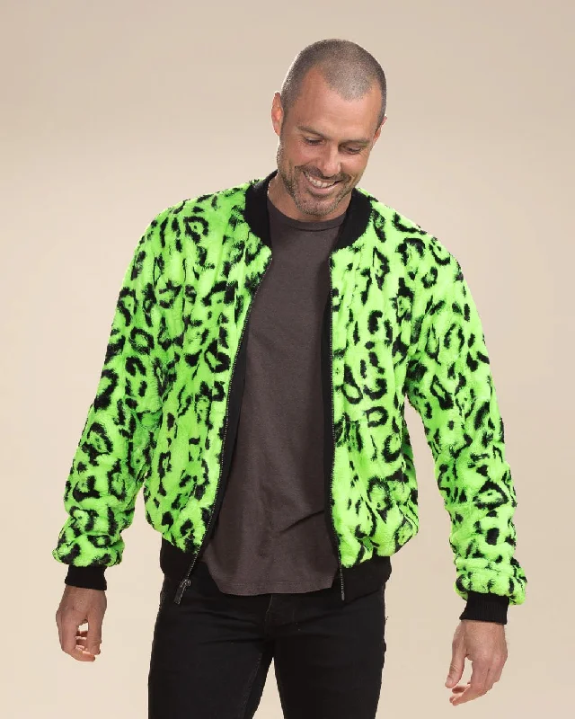 Men's fashion-forward trench coat-Men's Colorful Faux Fur Jacket | Neon Green Leopard