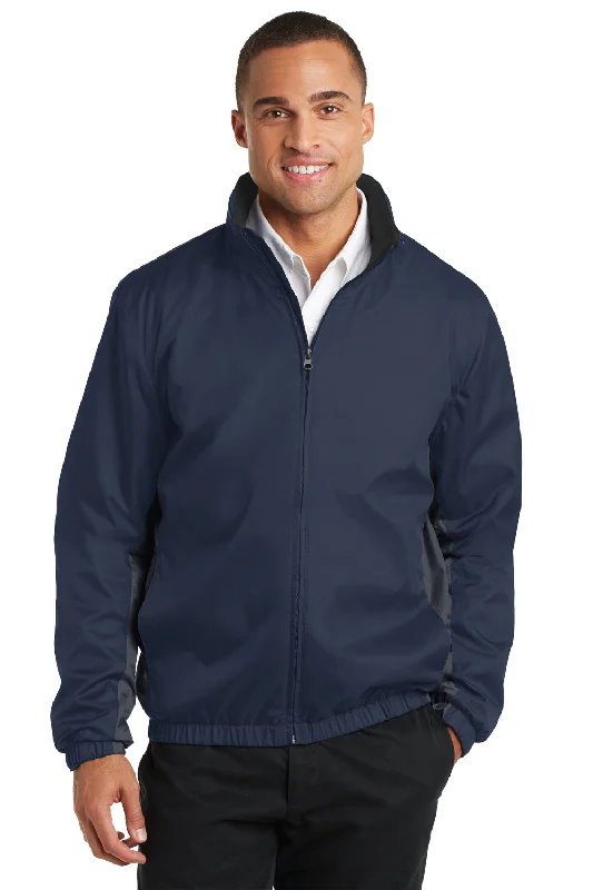 Men's sustainable adventure coat-Port Authority Mens Core Wind & Water Resistant Full Zip Jacket - Dress Navy Blue/Battleship Grey - Closeout