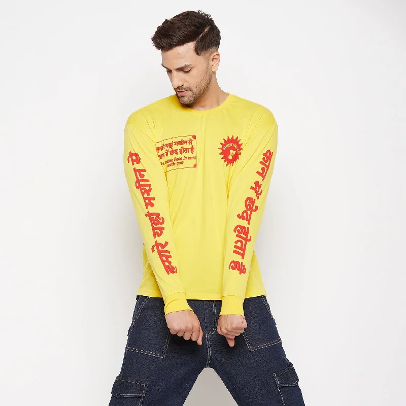 Men's luxury cotton t-shirt-Yellow Desi Graphic Long Sleeve Tshirt