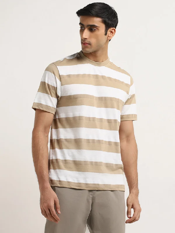 Men's casual comfort t-shirt-WES Lounge Beige Striped Relaxed-Fit T-Shirt