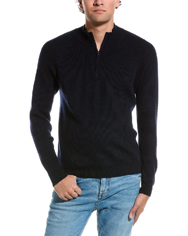 Men's weekend knit-Amicale Cashmere Two-Tone Plaited Rib Cashmere 1/4-Zip Sweater