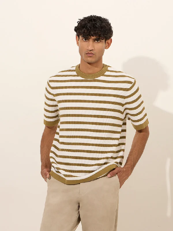 Men's ultra-light t-shirt-Ascot Dark Yellow Striped and Knitted Relaxed-Fit Cotton-Blend T-Shirt