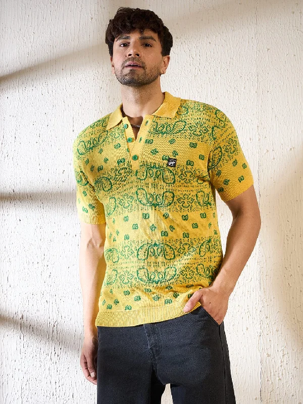 Men's antibacterial t-shirt-Lemon Paisley Knitted Polo Tshirt